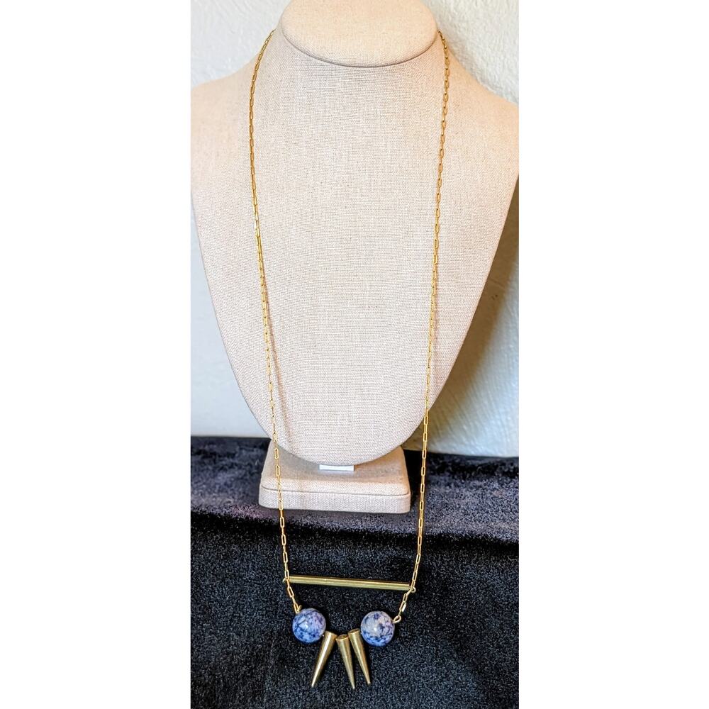 Gold Tone Paperclip Chain Bar Three Cone Two Sodalite Stone Bead Necklace